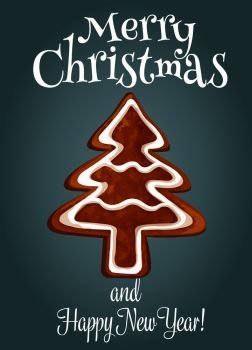 Christmas tree made of gingerbread holiday poster. Christmas ginger cookie in the shape of fir tree with sugar glaze. Merry Christmas and Happy New Year greeting card design. Christmas tree made of gingerbread greeting card