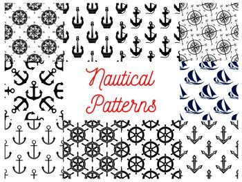 Nautical and marine concept patterns set. Vector pattern of anchor on chain, vessel ship steering wheel, compass arrows, yacht silhouette. Nautical and marine concept patterns
