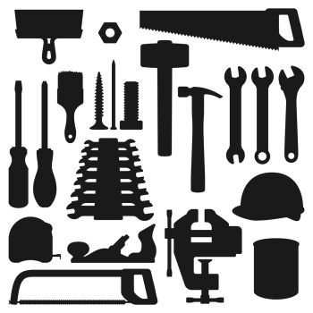Work tools silhouette icons, home repair, renovation and remodeling handy instruments. Vector woodwork carpentry and construction tools, hammer, saw and screwdriver, wrench and drill with ruler. Home repair, remodeling and renovation work tools