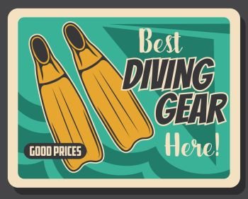 Diving professional equipment store vintage poster. Scuba dive training school and snorkeling underwater sport accessories, diver flipper swimfins and diving gear, summer adventure club. Scuba diving and sea snorkeling sport shop