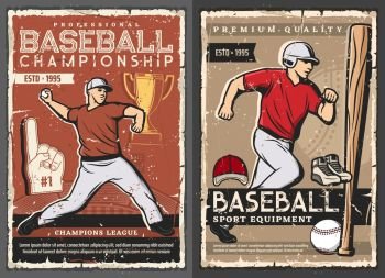 Baseball victory cup championship and professional spot batter bat, glove and ball equipment shop. Vector vintage retro posters, softball team and college league club players tournament. Baseball sport equipment, cup championship