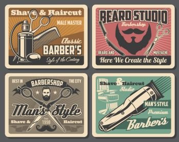Barbershop professional salon, barber shop hairdresser premium vintage posters. Vector gentleman and hipster beard and mustaches, barber shop chair, shaving razor blade, hair comb and barber scissors. Barber shop vintage poster, barbershop salon