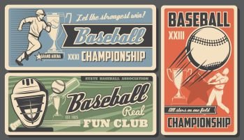 Baseball victory cup championship college fan club and sport league tournament. Vector vintage retro posters, softball team and baseball professional game on grand arena. Baseball fan club, sport team championship