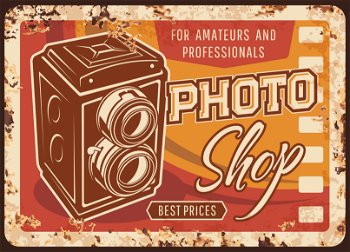 Photo shop rusty metal plate, vector vintage rust tin sign with retro photo camera. Ferruginous poster for optical technics store, technics for amateurs and professionals, photographers workshop. Photo shop rusty metal plate, vector rust tin sign
