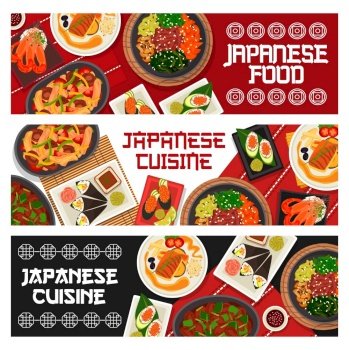 Japanese cuisine vector gunkun sushi with cucumber or caviar, vegetable beef stew or chicken shiitake salad. Fried perch with soy sauce, spicy shrimps and prawn avocado temaki sushi Japan food banners. Japanese food Japan cuisine cartoon vector banners