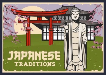 Japan culture, religion tourist attractions retro banner. Ushiku Great Buddha statue, shinto torii gate and ancient temple or palace building vector. Japanese national symbol, tradition vintage poster. Japan culture, religion tourist attractions banner