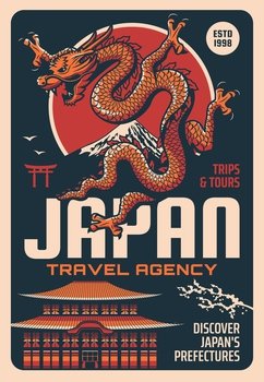 Japan travel agency vector retro poster with Japanese landmarks dragon, traditional ancient building architecture, fuji mountain landscape.and sakura branch. Asian trip and tours, tourism vintage card. Japan travel agency vector retro poster Asian trip