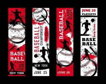 Baseball championship banners, sport game playoff and victory cup tournament, vector. American baseball or softball league game halftone grunge banners with player ball and bats. Baseball championship banners, sport game playoff