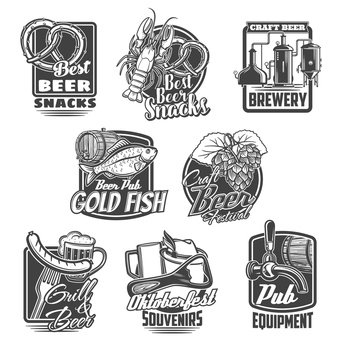 Beer brewing festival, pub snacks vector icons. Craft beer brewery, Oktoberfest souvenirs and pub equipment emblems. Pretzel, lobster and dried bream, hop, grilled sausage and tankard glass. Beer brewing festival, pub snacks icons
