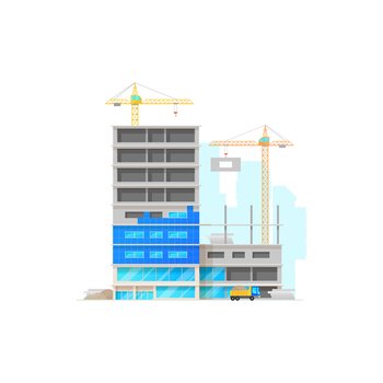 Construction site of house, building area, machinery equipment isolated icon. Vector city apartments architecture, trucks with sand and piles of building materials. Development of urban infrastructure. House in process of construction, building cranes