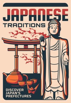 Japanese tradition vector retro poster with Japan prefecture, landmarks Buddha statue, traditional ancient building, tea ceremony and sakura branch. Asian trip and tours, tourism, travel agency card. Japanese tradition vector retro poster Japan trip