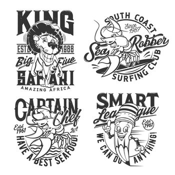T-shirt prints, sea surfing, safari hunt club and smart league, vector badges. Cartoon African leo for safari hunting, lobster crab as captain chief of seafood restaurant and smart pencil with smile. T-shirt prints, sea surfing and safari hunt club