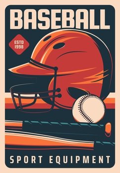 Baseball retro poster, playoff tournament and sport equipment, vector. American baseball players equipment shop with bat, ball and helmet for championship and victory cup game. Baseball sport and players equipment bat and ball