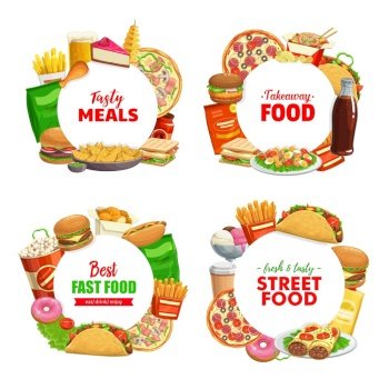 Fast food round banners vector burger, ketchup and coffee cup, noodles with shrimps, burritos and chips pack with soda bottle. Cartoon frames with takeaway sandwich, chicken nuggets and popcorn set. Fast food round banners vector cartoon frames set