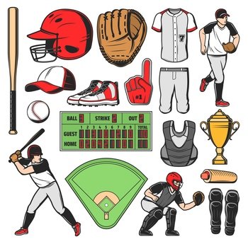 Baseball sport game equipment, players and field. Vector bat, ball and catcher protective helmet, pitcher cap, glove and jersey, pants, batter sneakers and fan finger, scoreboard, trophy and hot dog. Baseball sport equipment, field, players