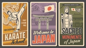 Japan martial art, sacred places retro posters. Karate fighter in kimono striking high kick, Ushiku Great Buddha statue and torii gate vector. Karate school, welcome to Japan vintage banners. Japan martial art, travel attractions retro poster