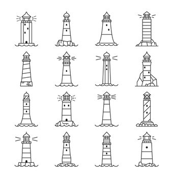 Lighthouse and beacon outline icons, vector linear buildings, nautical seafarers, marine safety sailing light. Searchlight towers, maritime navigation guidance, sea navigator architecture line art set. Lighthouse and beacon buildings outline icons