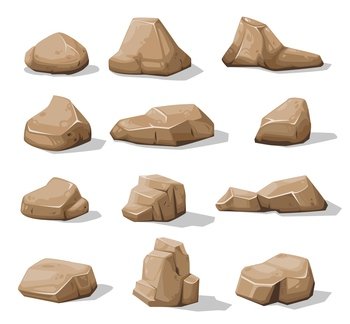 Cartoon brown rock stones and boulders, vector rubble gravel and cobble icons. Rock stones or debris blocks, gravels of granite pebbles in piles, game asset. Cartoon brown rock stones, boulders, rubble gravel