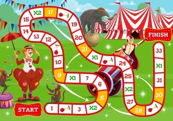 Circus boardgame, shapito circus characters near big top tent. Vector step game for kids with numbered block way. Children test with cartoon clown, apes jugglers, trained elephant and man cannonball. Circus boardgame, shapito characters near big top