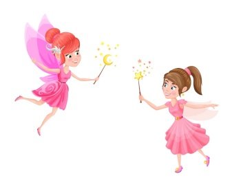Cartoon fabulous fairy, sorceress, witch, princess characters. Vector female elves wearing pink dresses holding magic wands playing. Cute funny winged girls, fantasy fairy flying like butterflies. Cartoon fabulous fairy, sorceress, witch, princess