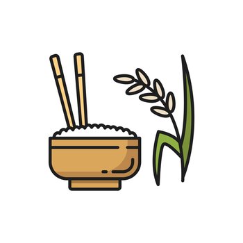Steamed rice in bowl with chopsticks isolated color line icon. Vector cup of rice, dinner food in ceramic plate. Healthy organic eating, steamed Thailand, Korean, Chinese and Japanese cuisine dish. Rice bowl, chopsticks, isolated Thai growing plant