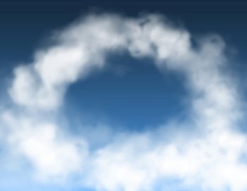 Round arch clouds in blue sky heaven background, vector fluffy smoke. Cloud circle frame or round cloudy ring of white fog or smog in light sunny day with transparent fluffy air steam ring. Round arch clouds in blue sky heaven background
