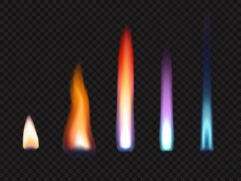 Fire flames of gas and zinc, potassium, strontium and sodium, realistic vector. Burning fire flames of natural gas or chemical elements with light glow or energy blaze effect isolated on transparent. Fire flames of gas and zinc, potassium, strontium