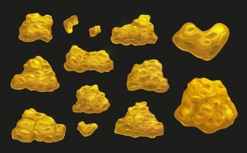 Cartoon golden nuggets, mining industry or game asset, vector icons. Mine gold stones or ore piles and goldmine rocks, gold rush treasures and golden nuggets for game UI assets. Cartoon golden nuggets, mining industry game asset