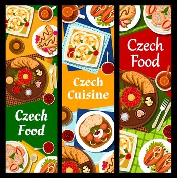 Czech cuisine banners. Steak Tartare with sauces and toasts, fruit pie Kolache and fried flatbread Langos, pork stew goulash with bread dumplings, sweet dumplings Knedlikyand pickled sausage Utopenci. Czech cuisine meals and dishes vertical banners