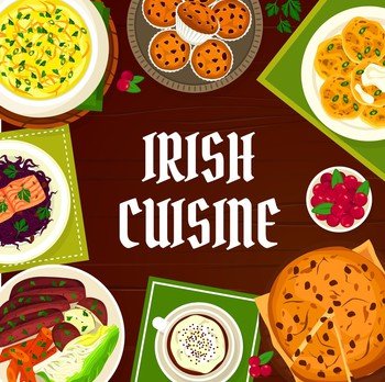 Irish cuisine vector menu cover with meals potato pancake boxty, fish soup and soda bread with raisins. Cowberry cupcakes, black pudding with vegetables and red cabbage salad with salmon Ireland meals. Irish cuisine vector menu cover with Ireland meals