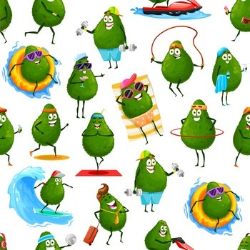 Avocado cartoon characters seamless pattern, vector background. Kids pattern with avocado fruit on summer vacations and sport, traveling to beach, sea surfing and training in gym or in yoga mediation. Avocado cartoon characters pattern background