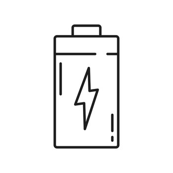 Battery icon with power sign isolated thin line icon. Vector thunder and bolt lighting flash, thunderbolt light, charging object outline sign. Quick charge emblem, renewable energy clean environment. Thunder bolt lighting power battery outline sign