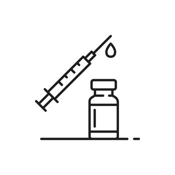 Vaccination thin line icon isolated bottle with coronavirus vaccine and shot inject with needle and drop. Vector global immunization, corona prevention and flu diseases treatment. Medicine health care. Coronavirus vaccination, bottle and injection shot