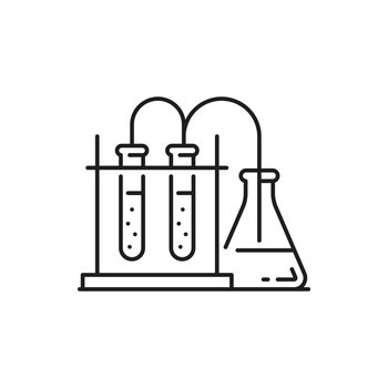 Laboratory research glassware, biochemistry chemistry, pharmacy and genetics equipment for experiments isolated thin line icon. Vector scientific experiment in gene engineering science, biotechnology. Scientific research flasks, genetics modifications