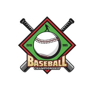 Baseball championship icon with crossed bats and hitting ball batter. Baseball teams tournament, sport game competition vector emblem, retro sticker or icon with baseball player items. Baseball championship icon with crossed bats