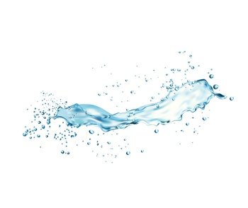 Transparent long water splash with drops, liquid blue clear aqua wave. Realistic 3D vector. Water flow with droplets of clean drink with ripples in motion and water pouring flow bubbles. Transparent water long splash drops, liquid wave