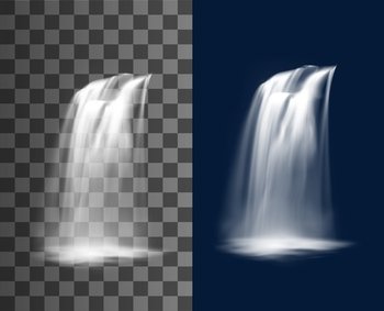 Waterfall cascade, vector pure multiple falling jets. Realistic water fall stream, park fountain or natural cascading 3d element. Falling waterfall, isolated stream with aqua splashes and fog. Waterfall cascade, vector multiple falling jets