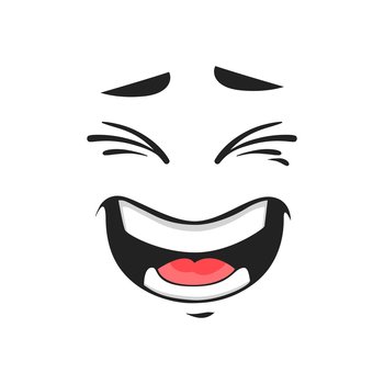 Cartoon laughing face, vector happy emoji, laugh facial expression with wide open toothy mouth and closed eyes. Character positive feelings isolated on white background. Cartoon laughing face, vector happy emoji, laugh