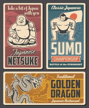 Japan netsuke, sumo tournament and restaurant retro poster. Hotei Buddha statue, sumo wrestler and japanese dragon vector. Japan culture, national sport and cuisine tourist attractions vintage banners. Japan netsuke, sumo and restaurant retro posters