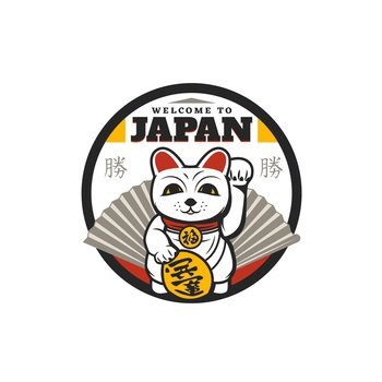Japanese maneki neko cat vector icon of Japan travel and Asian culture. Lucky cat animal, white ceramic kitty toy with raised paw, gold koban coin and paper fan round symbol of good luck and fortune. Japanese maneki neko cat vector icon, Japan travel