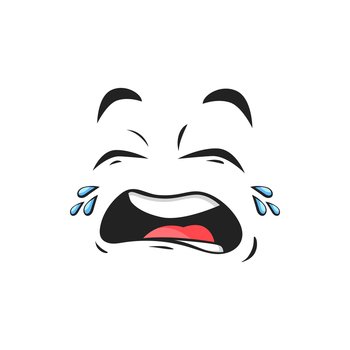 Cartoon crying face, upset emoji with tears falling from eyes. Vector dissatisfied facial expression, weepie, crybaby unhappy negative feelings isolated on white background. Cartoon crying face upset emoji with tears falling