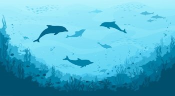 Dolphin silhouettes, seaweed and reef, fish school on underwater landscape. Sea bottom flora and fauna, seafloor world vector background. Deep sea life nautical wallpaper with dolphin pod, corals. Underwater landscape with dolphin silhouettes