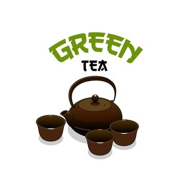 Green Asian tea vector icon of Japanese and Chinese tea ceremony set with teapot, cups and bowls. Green, black, oolong or matcha beverage utensils isolated symbol of oriental tea room. Green Asian tea vector icon with tea ceremony set