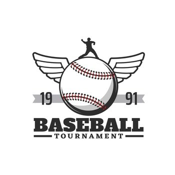 Baseball sport icon, team league tournament cup vector symbol. Baseball club badge of ball with wings and catcher or batter player and softball team or varsity fan club icon. Baseball sport icon, ball with wings