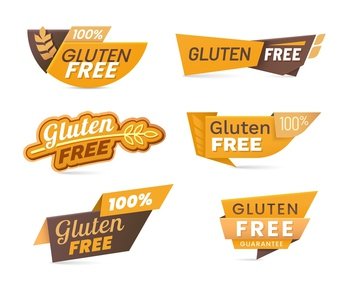 Gluten free cereal food icons, lables and banners, wheat grain vector symbol or stamp. Gluten free bread, allergy diet nutrition products sticker or menu sign for 100 percent gluten free guarantee. Gluten free cereal food icons, lables and banners