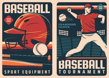 Baseball sport retro posters with vector balls and bats, pitcher player on base of diamond field and batter player uniform helmet. Baseball sport equipment and tournament match flyer. Baseball sport retro posters, balls, bats, player