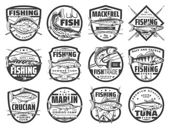 Fishing sport icons, fisher club and fishes emblems, vector salmon and tuna big catch. Fishing tournament and camp badge sings, rods for river pike, ocean marlin, and sea mackerel, flounder and perch. Fishing sport icons, fisher club, fishes emblems
