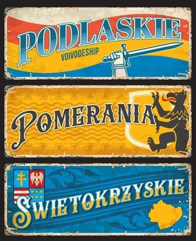 Podlaskie, Pomerania, Swietokryskie polish voivodeship plates and travel stickers. Vector vintage banners with Poland coat of arms, territory map, flag, heraldic eagle lion, sword in hand, aged signs. Podlaskie, Pomerania, Swietokryskie voivodeship