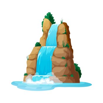 River falls from cliff, streaming waterfall game asset element. Vector splashing aqua from rocky hills, tropical water cascade landscape scenery. Streaming water, waterfall falls cliff, game asset