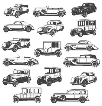 Historic cars, vintage automobiles icons set. Retro limousine, luxury sedan and cabriolet coupe black and white vectors. Retro vehicles models, exotic cars and antique auto collection. Historical cars, vintage automobiles icons set